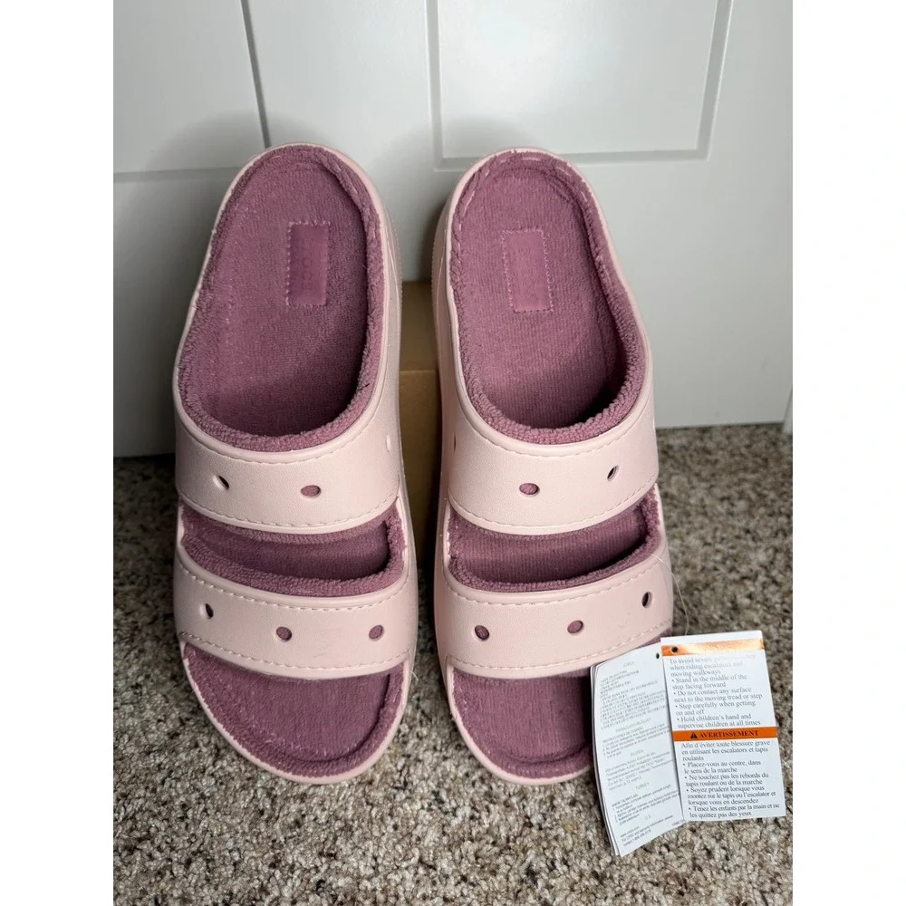 Crocs NEW Classic Cozzzy Towel Sandal Mens 13 Pink Mauve Fuzzy Slides 208963-6UR